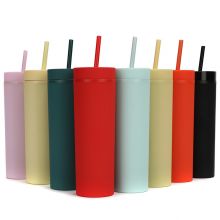 Skinny Plastic Tumbler with Lid and Straw 16oz Matte Pastel Colored Double Wall Travel Tumbler Reusable Cup