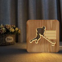 3D Wooden Carving Night Light, Ice Hockey Hollow Design 3D Wooden LED Night Lamp For Bedside Home Decor - Warm White Light