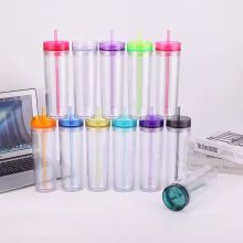 Personalized 16oz Acrylic Skinny Tumblers, Double-Walled Insulated Drinkware with Colorful Lids and Straws