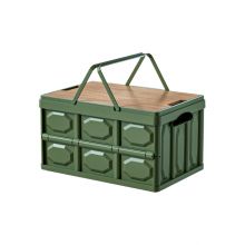 Collapsible Storage Box with Wooden Lid & Drawer, Foldable PP Organizer with Carry Handle, Stackable Camping Storage Bin