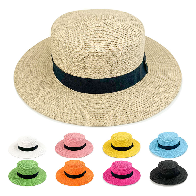 Summer Wide Brim Straw Hat Flat Top & Brim Panama Hat Female Casual Outdoor Seaside Beach Hat Sun Visor With Wide Decoration Band
