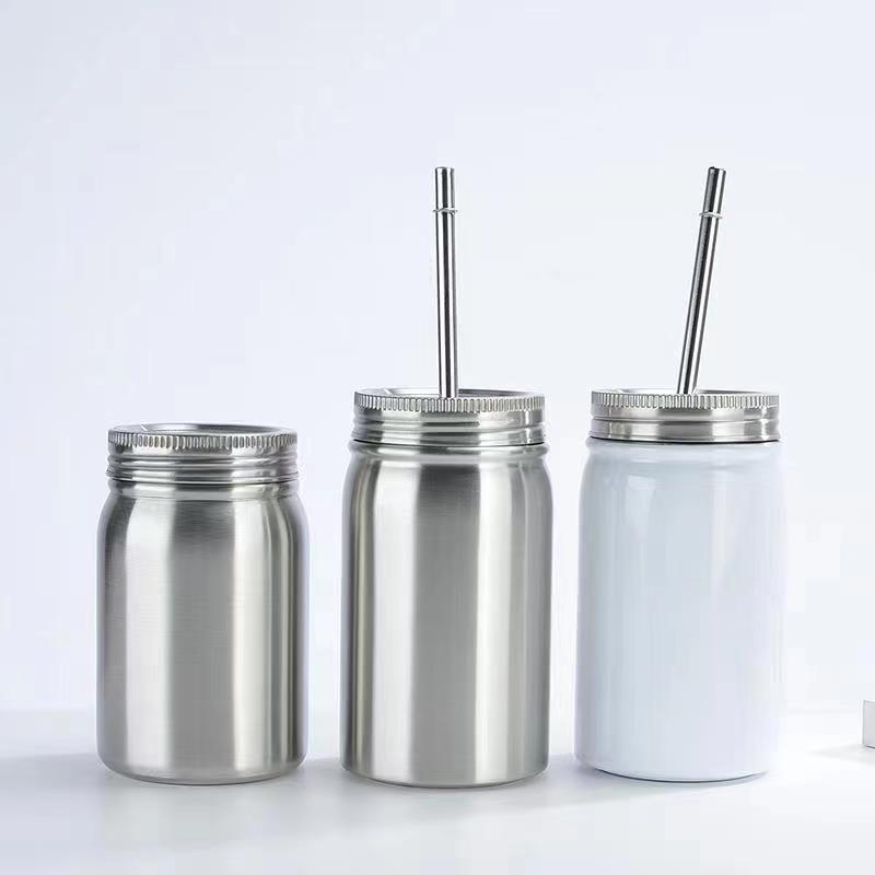 17oz Wide Mouth Mason Jar with Lid and Metal Straw Sublimation Stainless Steel Tumbler Single Wall Vacuum Travel Mug for Beverages