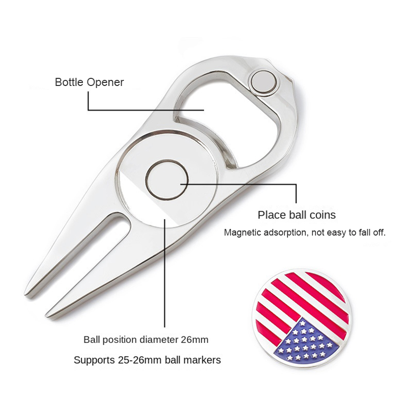 Multifunctional Golf Divot Repair Tool Golfs Greens Fork With Ball Marker and Beer Bottle Opener Stainless Steel Golf Divot Tool