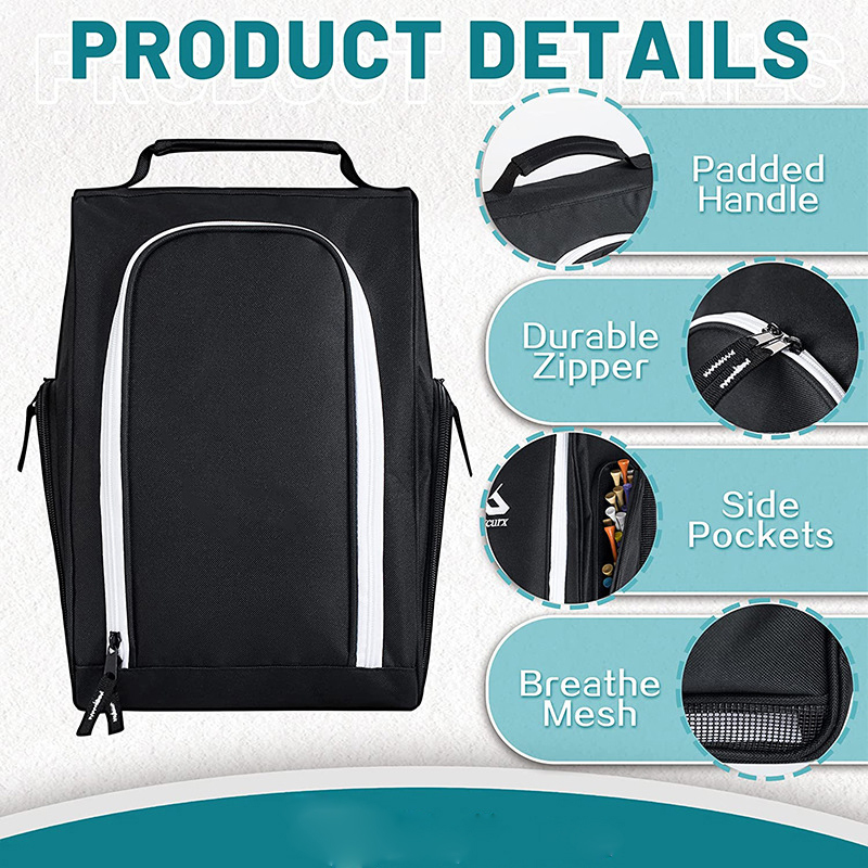 Oxford Golf Shoe Bag Zippered Shoe Carrier Bag With Ventilation & Double Outside Pockets For Golf Balls, Tees And Other Accessories