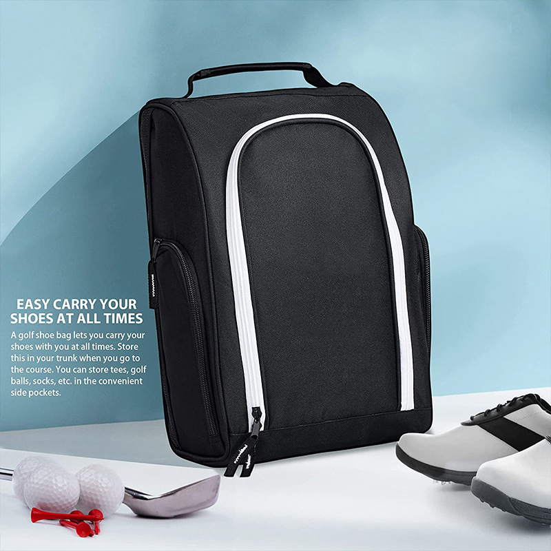 Oxford Golf Shoe Bag Zippered Shoe Carrier Bag With Ventilation & Double Outside Pockets For Golf Balls, Tees And Other Accessories