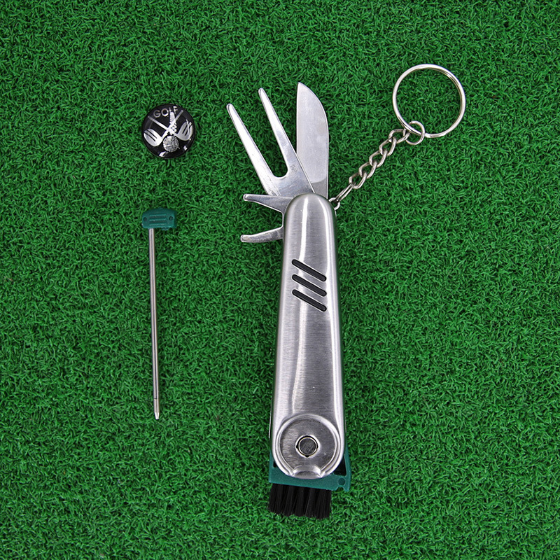 7-in-1 Golf Tool, Comes With Divot Repair Tool, Ball Marker, Brush Groove Cleaner, Spike Wrench, Knife, Scoring Pen and Keyring