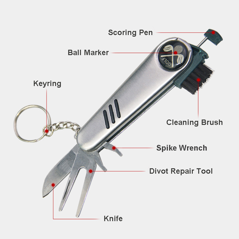 7-in-1 Golf Tool, Comes With Divot Repair Tool, Ball Marker, Brush Groove Cleaner, Spike Wrench, Knife, Scoring Pen and Keyring