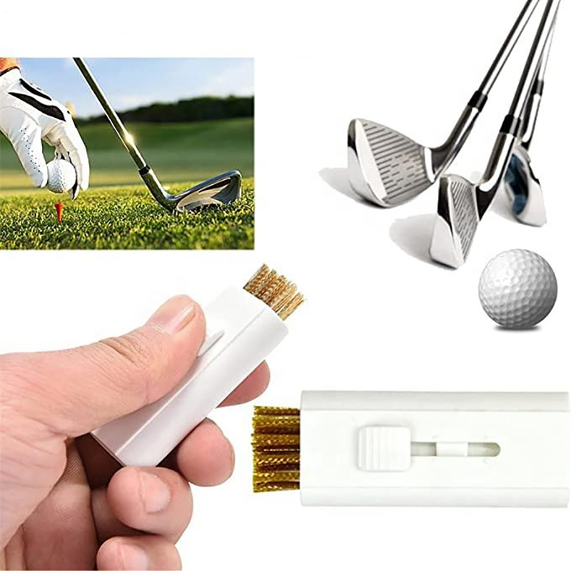 Plastic 2-in-1 Golf Brush, Double Side Retractable Mini Pocket Golf Club Cleaning Brush With Brass Bristles, Spike Groove Cleaner
