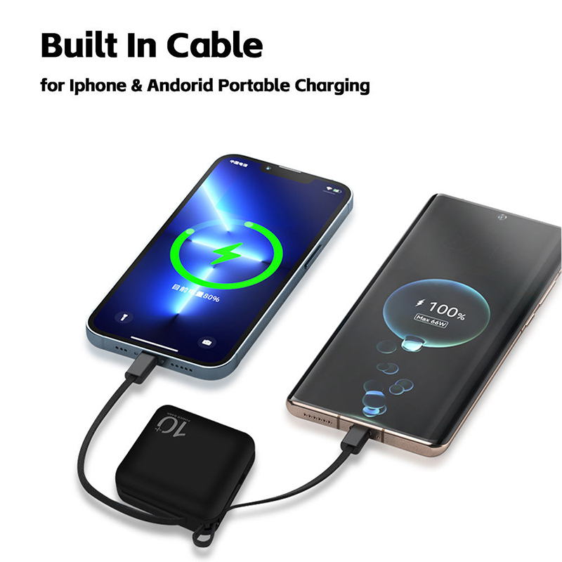 Mini Power Bank with Built-in Charging Cable - 5000mAh Smartphone Emergency Charger, External Travel Charger Suit for Cell Phones