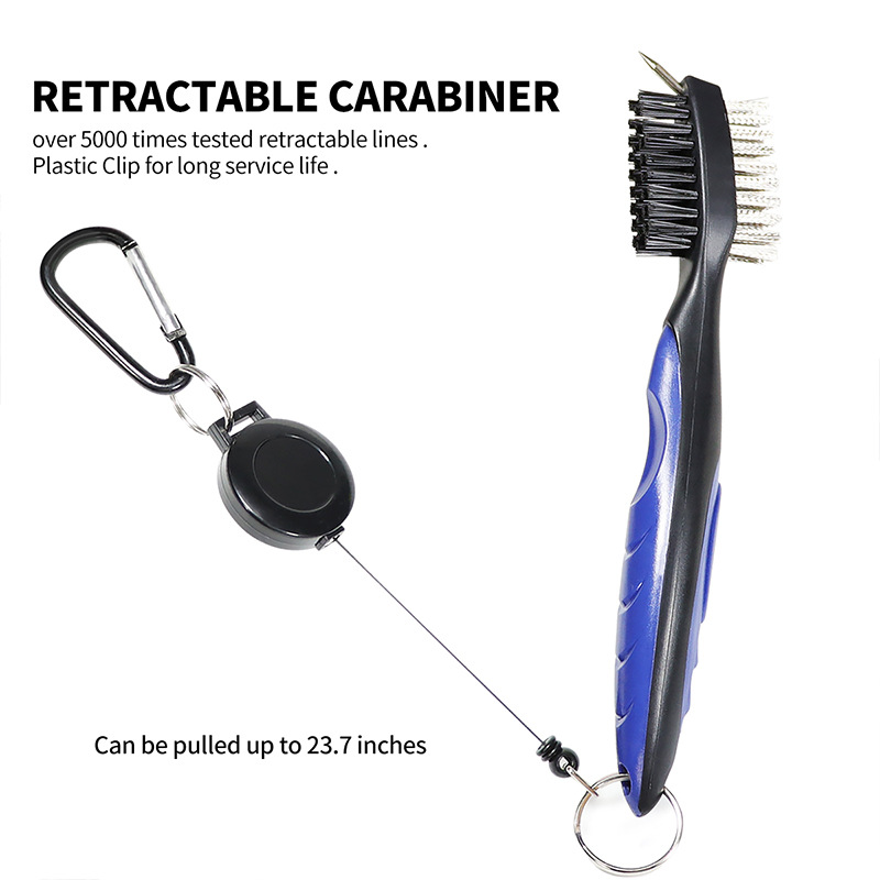 Golf Club Brush with Groove Cleaner Spike, Nylon & Steel Wire Brush, Retractable Zip-line Aluminum Carabiner, Easily Attach to Bag
