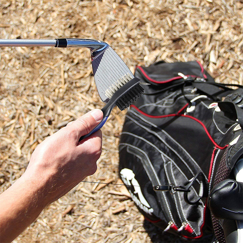 Golf Club Brush with Groove Cleaner Spike, Nylon & Steel Wire Brush, Retractable Zip-line Aluminum Carabiner, Easily Attach to Bag