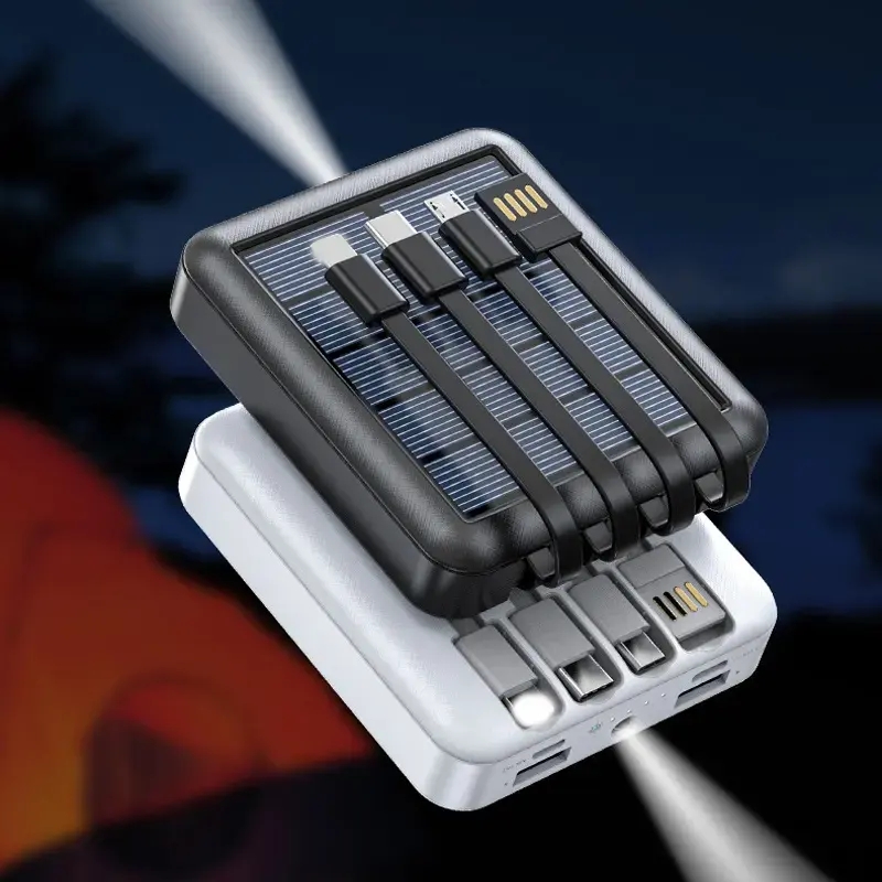 10000mAh Portable Solar Power Bank with Built-in 4 Cables, Small Portable Solar Phone Charger with LED Bright Flashlight