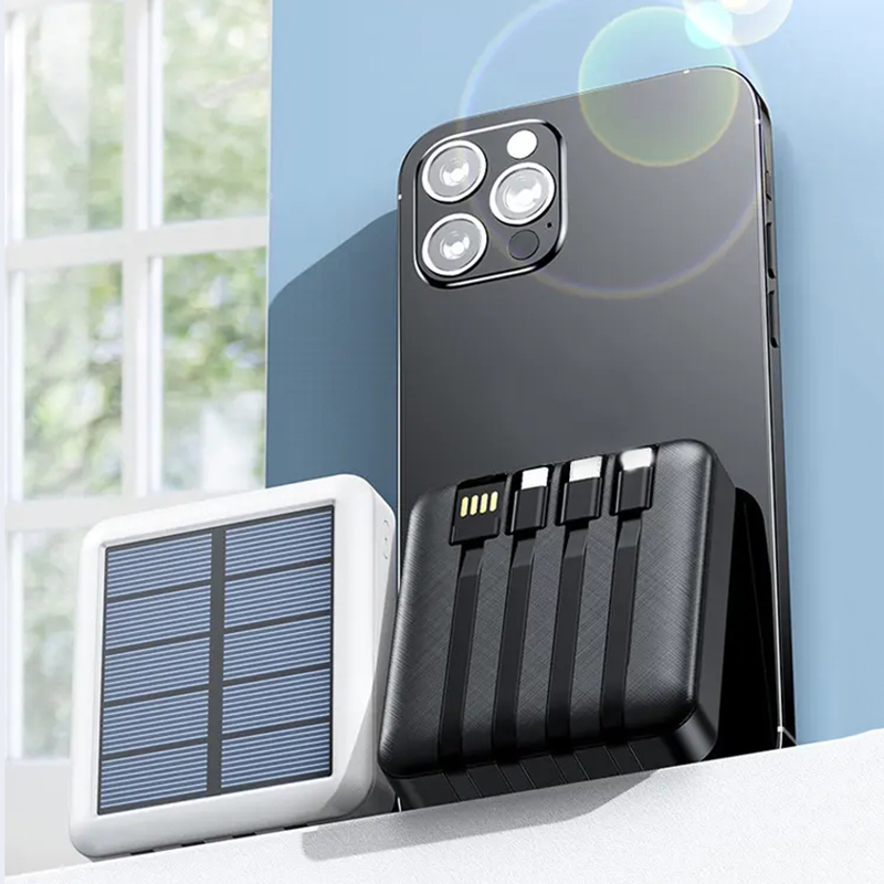 10000mAh Portable Solar Power Bank with Built-in 4 Cables, Small Portable Solar Phone Charger with LED Bright Flashlight