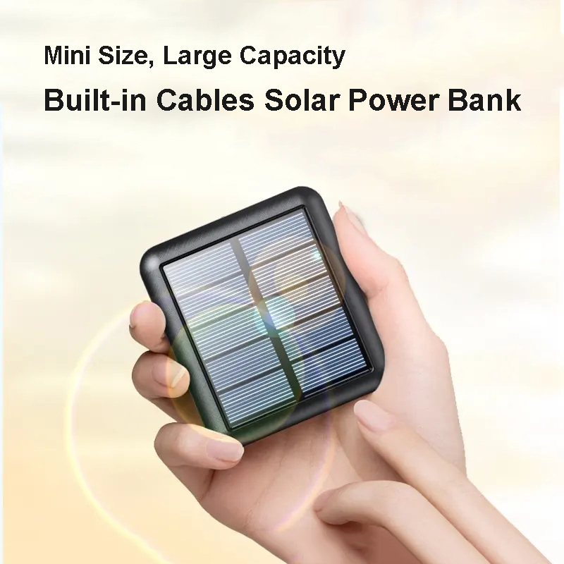10000mAh Portable Solar Power Bank with Built-in 4 Cables, Small Portable Solar Phone Charger with LED Bright Flashlight
