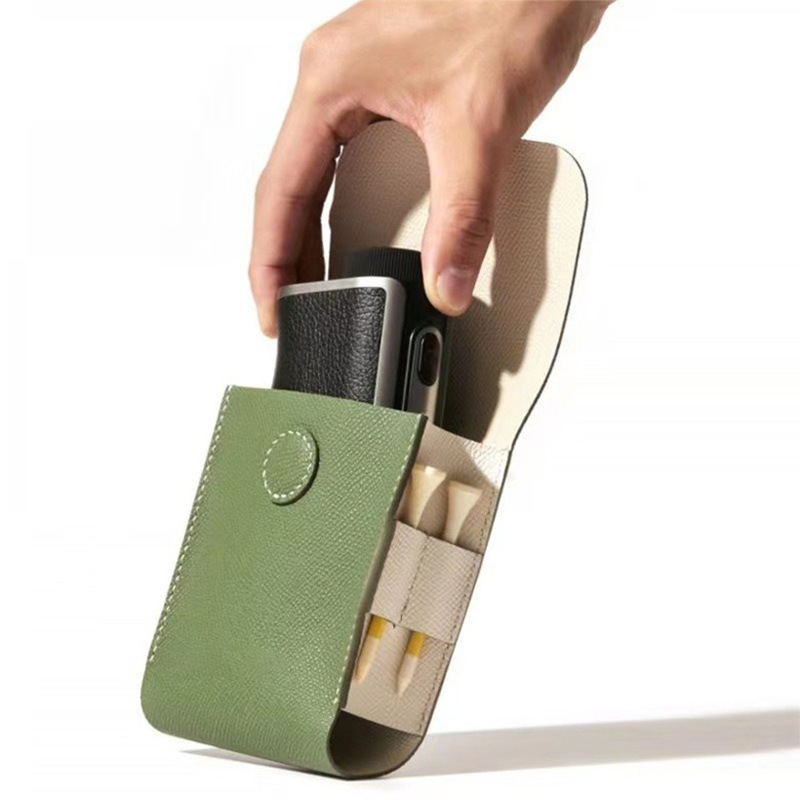 PU Leather Golf Rangefinder Case With Tee Holder, Portable Golf Ball Storage Pouch Hanging Container with Carabiner Belt Clip