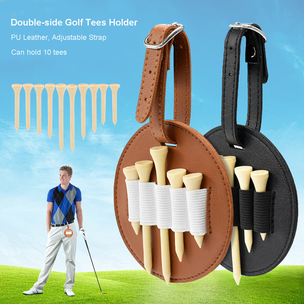 Two-side PU Leather Golf Tee Holder for Bag Belt, 7.34 Inches In Dia Round Shape Golf Tees Carrier Storage Bag, Hold 10 Tees