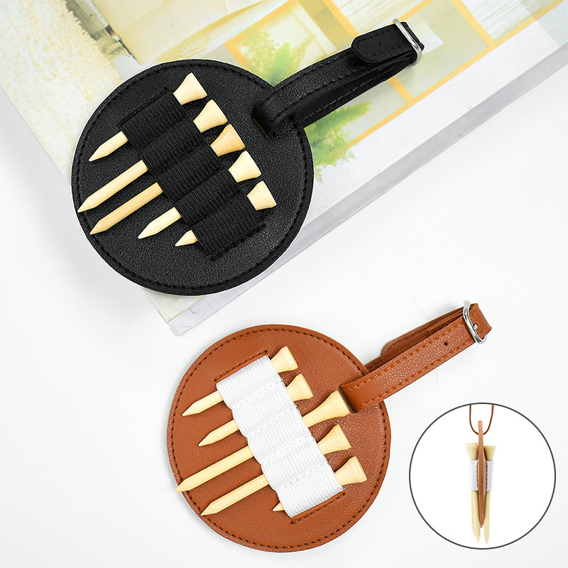 Two-side PU Leather Golf Tee Holder for Bag Belt, 7.34 Inches In Dia Round Shape Golf Tees Carrier Storage Bag, Hold 10 Tees