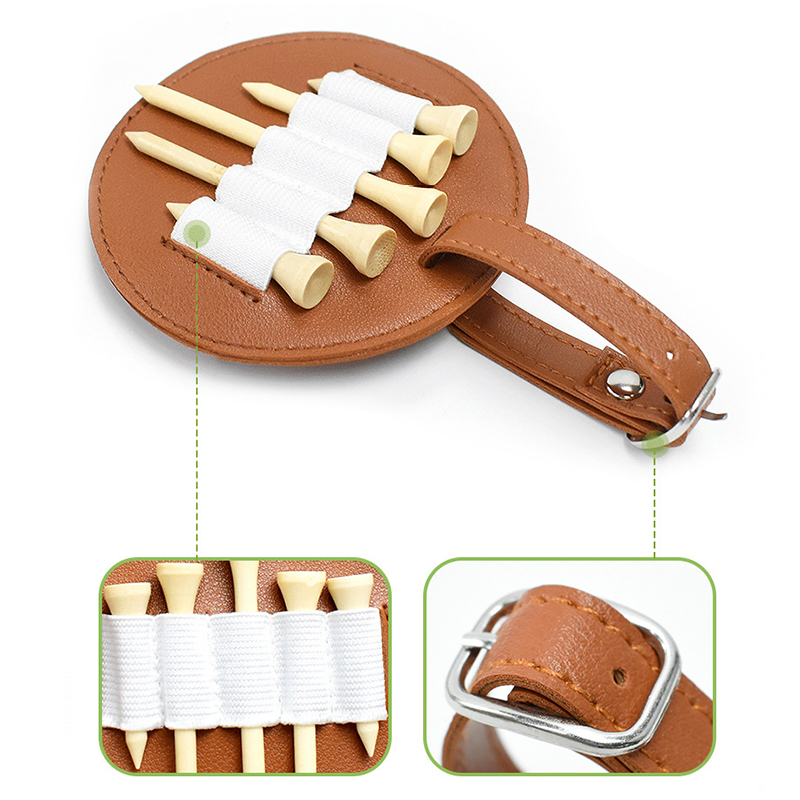 Two-side PU Leather Golf Tee Holder for Bag Belt, 7.34 Inches In Dia Round Shape Golf Tees Carrier Storage Bag, Hold 10 Tees