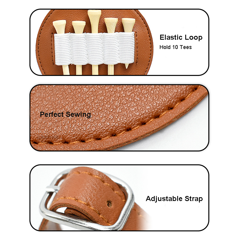 Two-side PU Leather Golf Tee Holder for Bag Belt, 7.34 Inches In Dia Round Shape Golf Tees Carrier Storage Bag, Hold 10 Tees