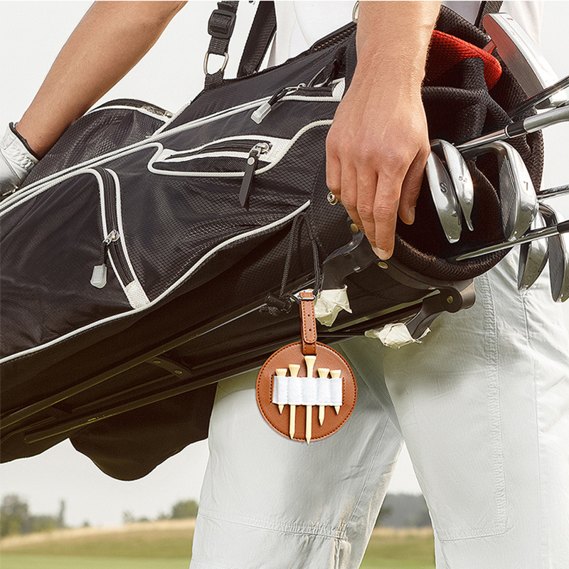 Two-side PU Leather Golf Tee Holder for Bag Belt, 7.34 Inches In Dia Round Shape Golf Tees Carrier Storage Bag, Hold 10 Tees