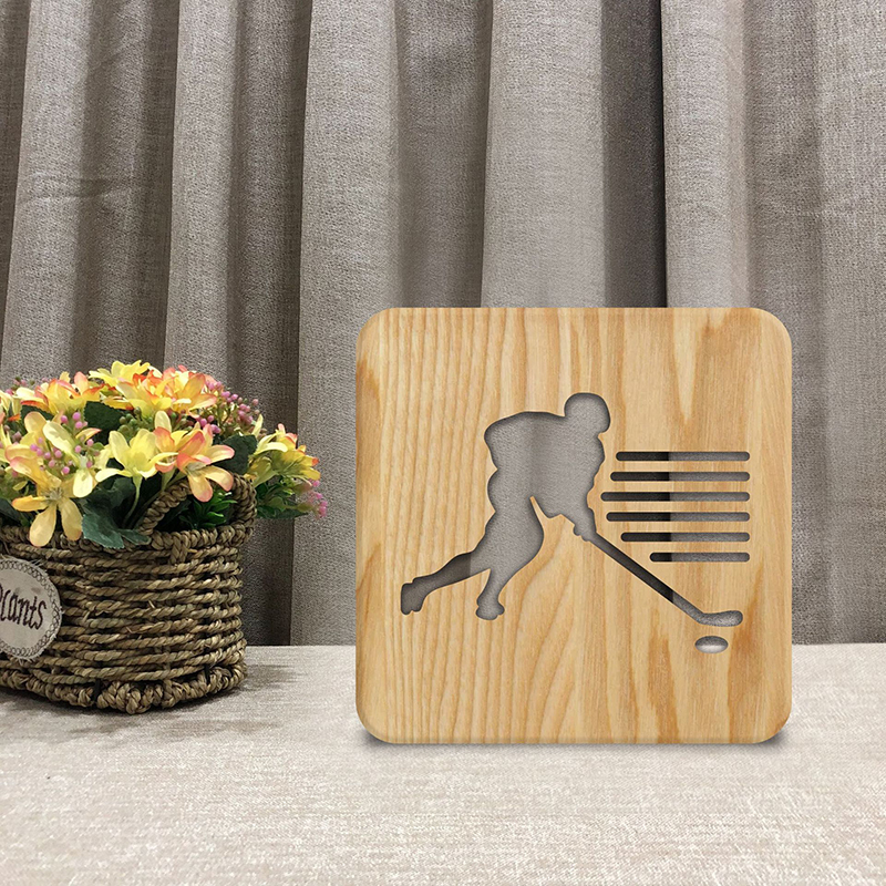 3D Wooden Carving Night Light, Ice Hockey Hollow Design 3D Wooden LED Night Lamp For Bedside Home Decor - Warm White Light
