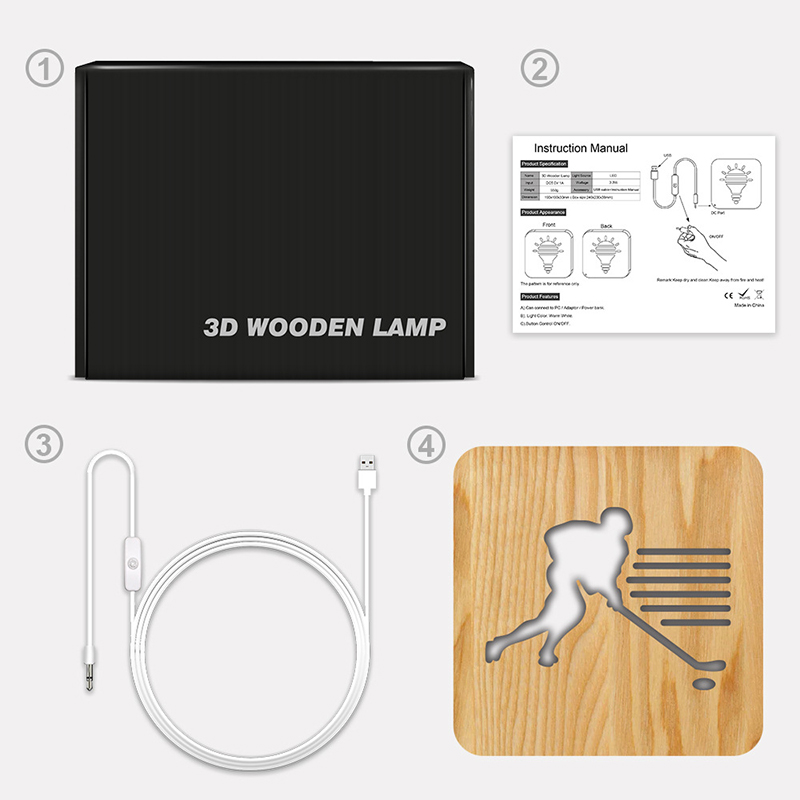 3D Wooden Carving Night Light, Ice Hockey Hollow Design 3D Wooden LED Night Lamp For Bedside Home Decor - Warm White Light