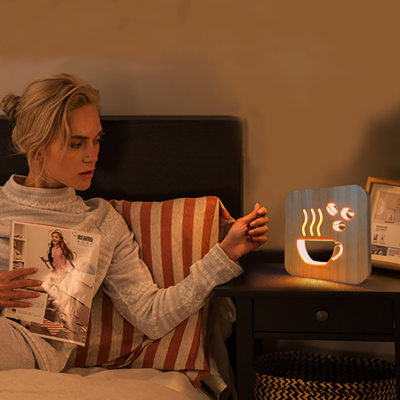 3D Wooden Carving Night Light, Ice Hockey Hollow Design 3D Wooden LED Night Lamp For Bedside Home Decor - Warm White Light