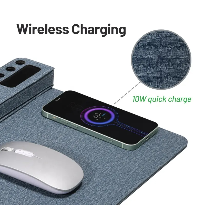 Waterproof Wireless Charger Mouse Pad with Pen/Phone Holder, Portable PU Leather Mouse Pad for Laptop/Desk/Computer
