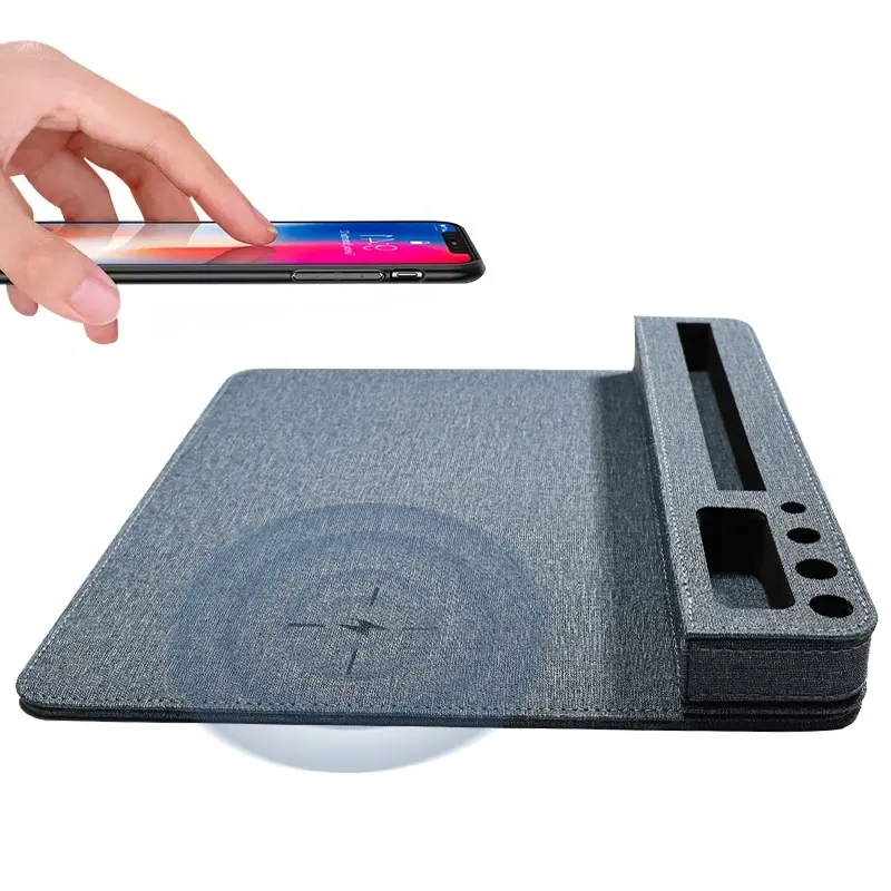 Waterproof Wireless Charger Mouse Pad with Pen/Phone Holder, Portable PU Leather Mouse Pad for Laptop/Desk/Computer