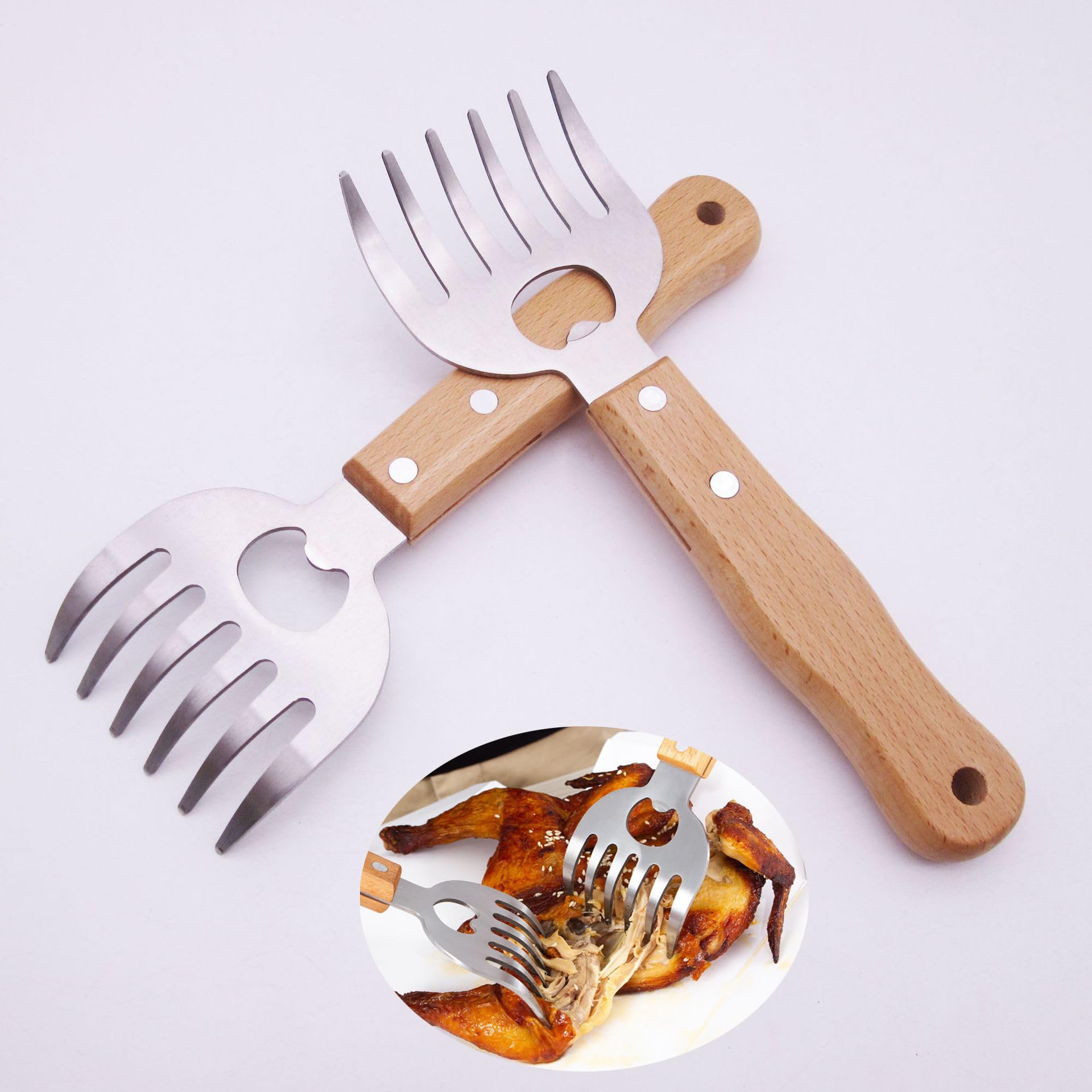 Stainless Steel BBQ Meat Shredder Bear Claws With Opener and Long Wood Handle for Shredding, Pulling, Blending Meat Veggies