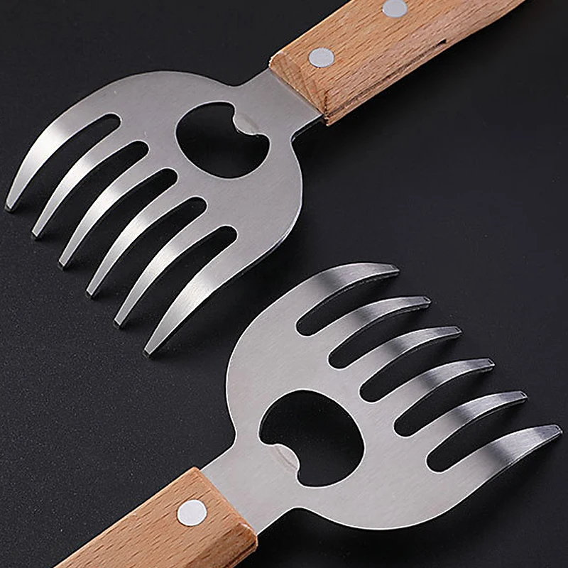 Stainless Steel BBQ Meat Shredder Bear Claws With Opener and Long Wood Handle for Shredding, Pulling, Blending Meat Veggies