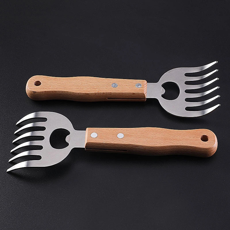 Stainless Steel BBQ Meat Shredder Bear Claws With Opener and Long Wood Handle for Shredding, Pulling, Blending Meat Veggies