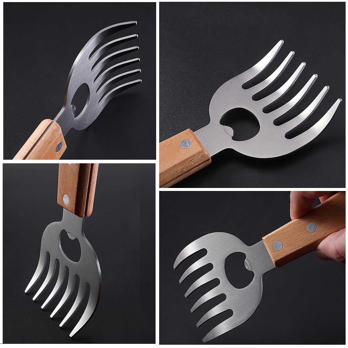 Stainless Steel BBQ Meat Shredder Bear Claws With Opener and Long Wood Handle for Shredding, Pulling, Blending Meat Veggies