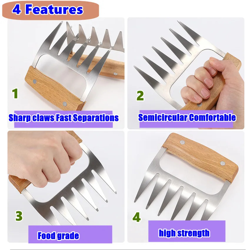 Stainless Steel BBQ Meat Shredder Claws With Wood Handle