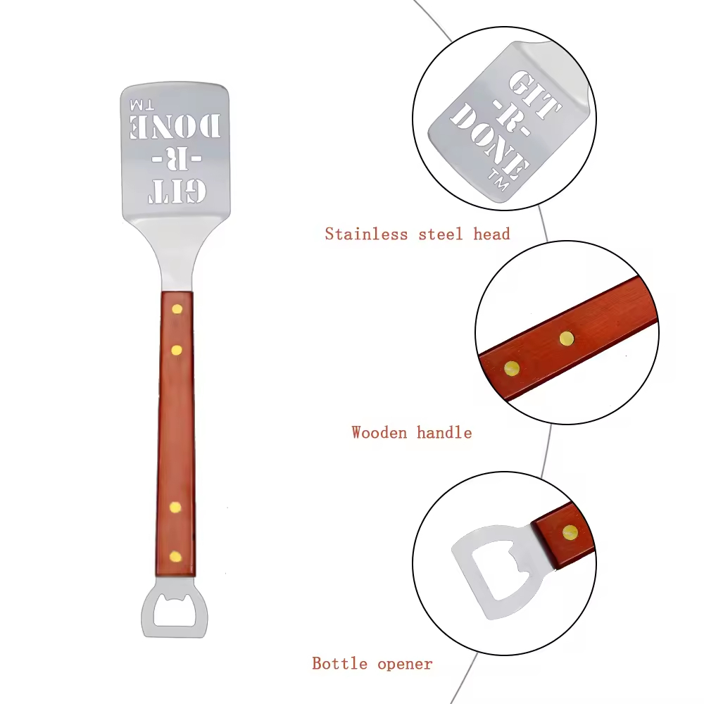 Multifunction Stainless Steel BBQ Spatula With Bottle Opener, 19 Inch Long Grill Spatula w/ Wooden Handle For Barbecue Tailgater Party