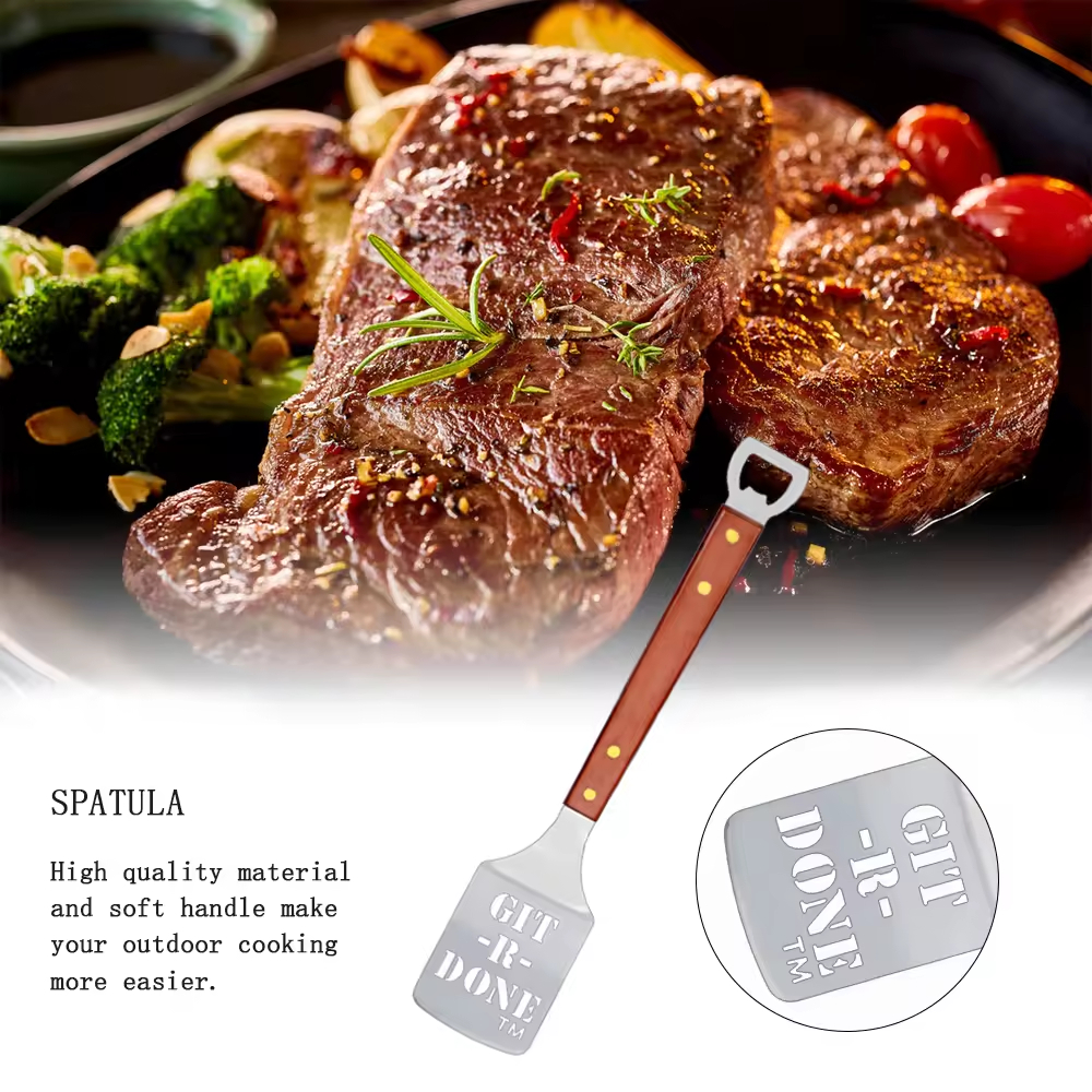 Multifunction Stainless Steel BBQ Spatula With Bottle Opener, 19 Inch Long Grill Spatula w/ Wooden Handle For Barbecue Tailgater Party