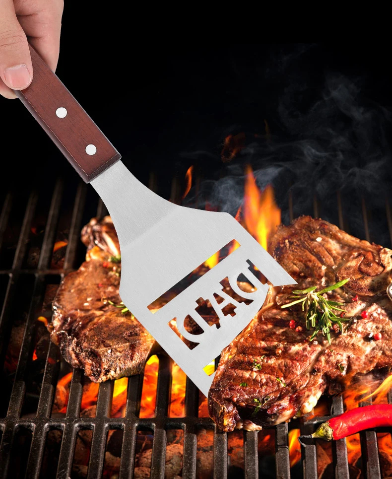 Multifunction Stainless Steel BBQ Spatula With Bottle Opener, 19 Inch Long Grill Spatula w/ Wooden Handle For Barbecue Tailgater Party