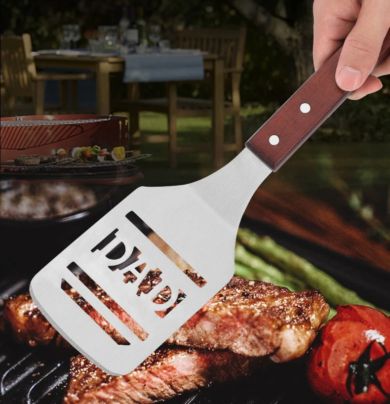 Multifunction Stainless Steel BBQ Spatula With Bottle Opener, 19 Inch Long Grill Spatula w/ Wooden Handle For Barbecue Tailgater Party