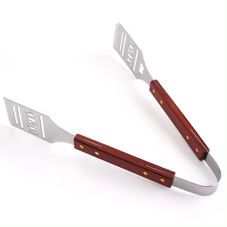 Stainless Steel-BBQ Barbecue Tongs With Wood Handle, 15.62 Inch Long Wood-Handled Grill Tongs for Charcoal, Grilling, BBQ, Cooking
