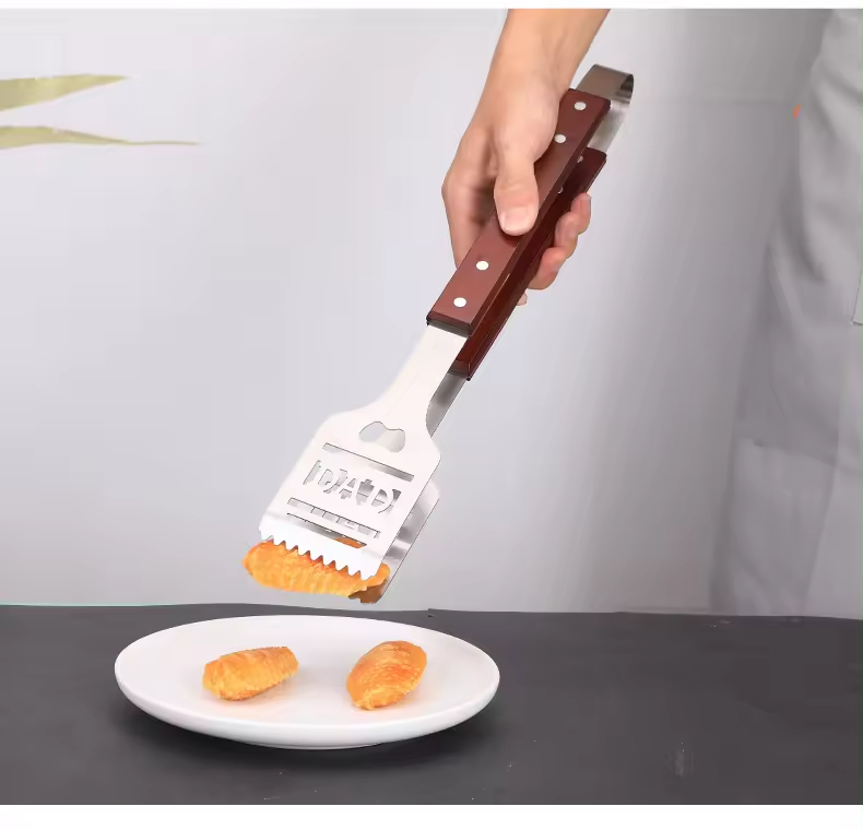 Stainless Steel-BBQ Barbecue Tongs With Wood Handle, 15.62 Inch Long Wood-Handled Grill Tongs for Charcoal, Grilling, BBQ, Cooking