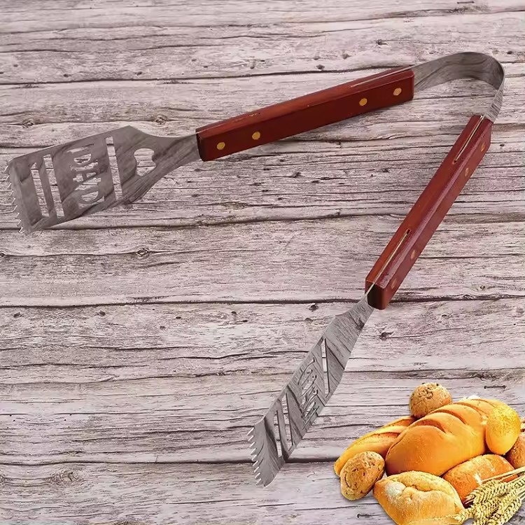 Stainless Steel-BBQ Barbecue Tongs With Wood Handle, 15.62 Inch Long Wood-Handled Grill Tongs for Charcoal, Grilling, BBQ, Cooking