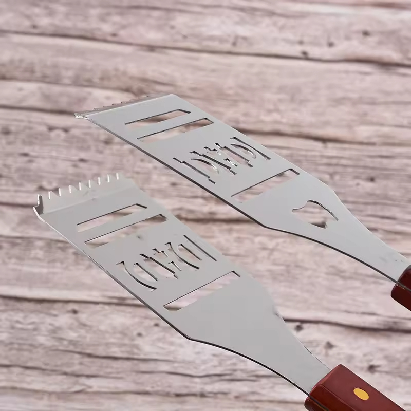 Stainless Steel-BBQ Barbecue Tongs With Wood Handle, 15.62 Inch Long Wood-Handled Grill Tongs for Charcoal, Grilling, BBQ, Cooking