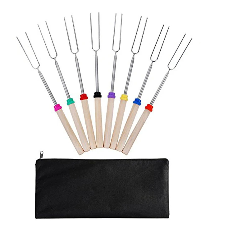 8pcs Telescoping Stainless Steel BBQ skewers Roasting Sticks for Fire Pit, Extendable 12 Inch to 32 Inch Campfire Roasting Sticks