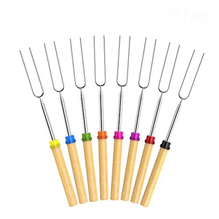 8pcs Telescoping Stainless Steel BBQ skewers Roasting Sticks for Fire Pit, Extendable 12 Inch to 32 Inch Campfire Roasting Sticks