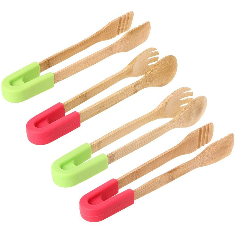 Bamboo Kitchen BBQ Food Tongs Silicone Wooden Food Serving Tongs