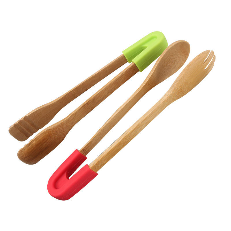 Bamboo Kitchen BBQ Food Tongs Silicone Wooden Food Serving Tongs