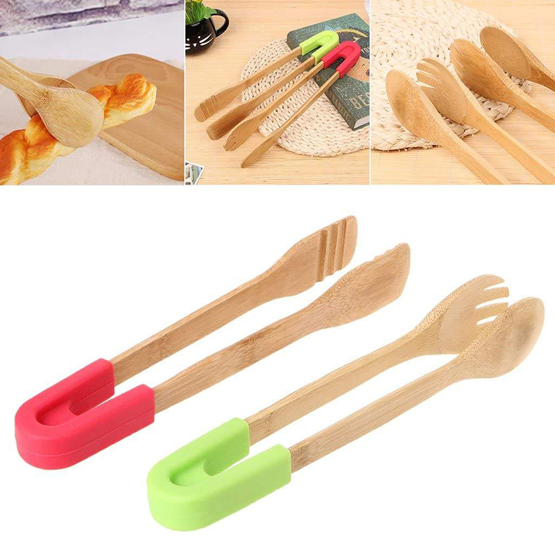 Bamboo Kitchen BBQ Food Tongs Silicone Wooden Food Serving Tongs