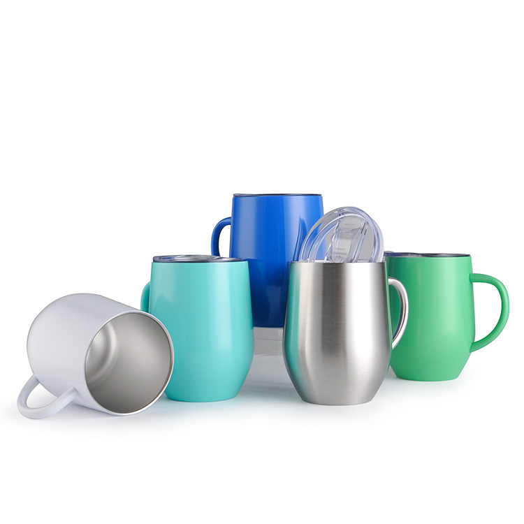 12oz Egg Shaped Double Wall Stainless Steel Coffee Mugs With Handle, Insulated Camping Travel Coffee Beer Cup