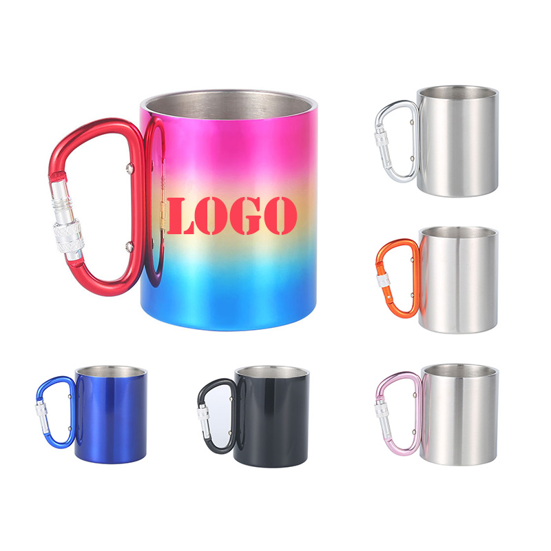 6.7oz Stainless Steel Camping Mug with Handle, Portable Mini Camping Insulated Coffee Mug With D Ring Carabiner Handle