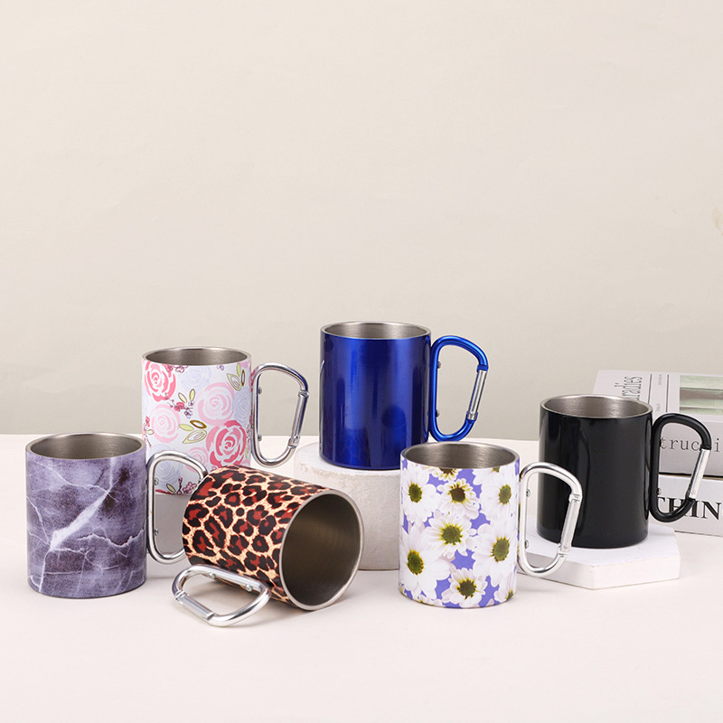 6.7oz Stainless Steel Camping Mug with Handle, Portable Mini Camping Insulated Coffee Mug With D Ring Carabiner Handle